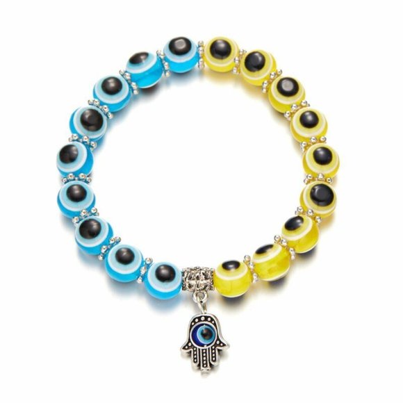 Bracelet / Evil Eye Beads with Hand Charm Beautiful Yellow AND Blue beads - Picture 1 of 7